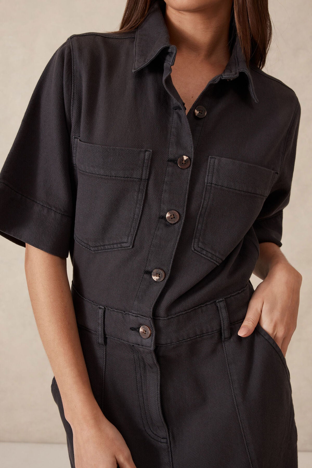 Ceres Life Short Sleeve Denim  Maxi Shirt Dress - washed black twill