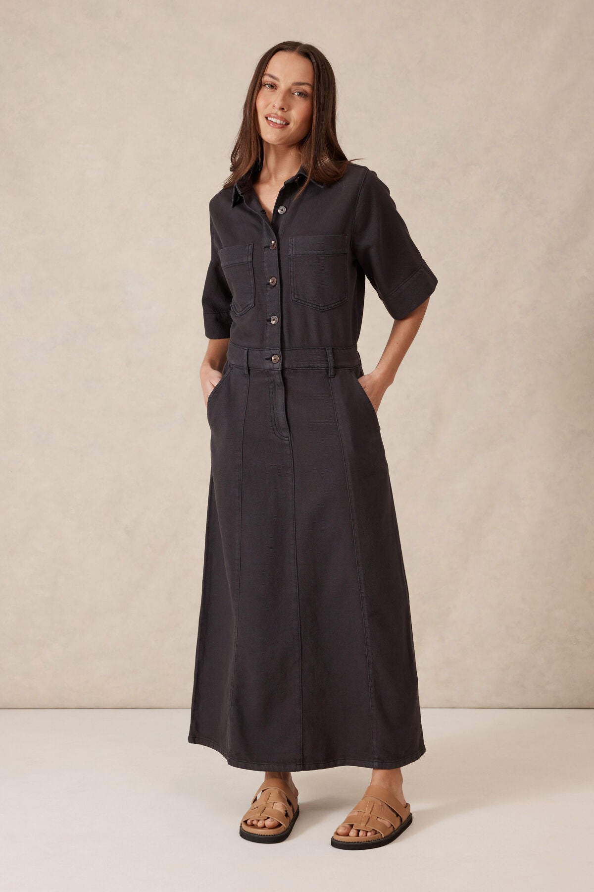 Ceres Life Short Sleeve Denim  Maxi Shirt Dress - washed black twill