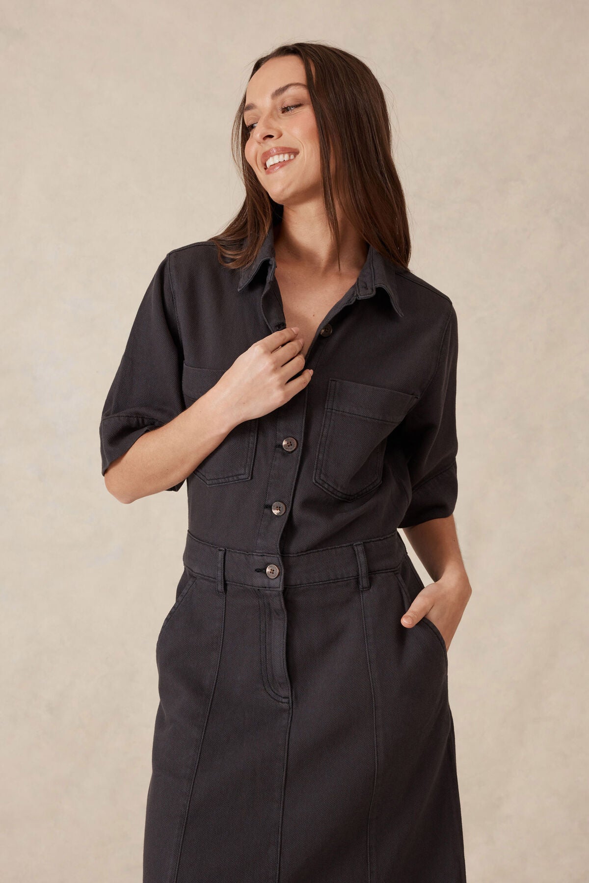 Ceres Life Short Sleeve Denim  Maxi Shirt Dress - washed black twill