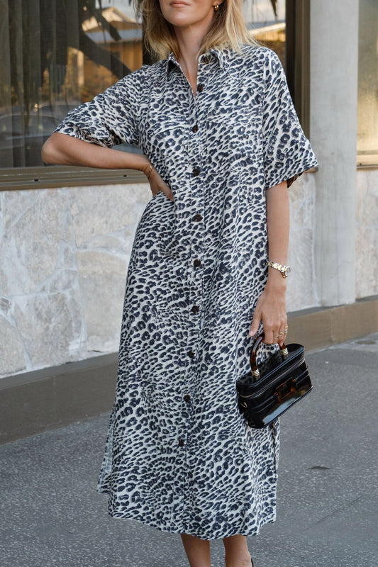 Ceres Ava Short Sleeve Midi Dress - leopard linen blend