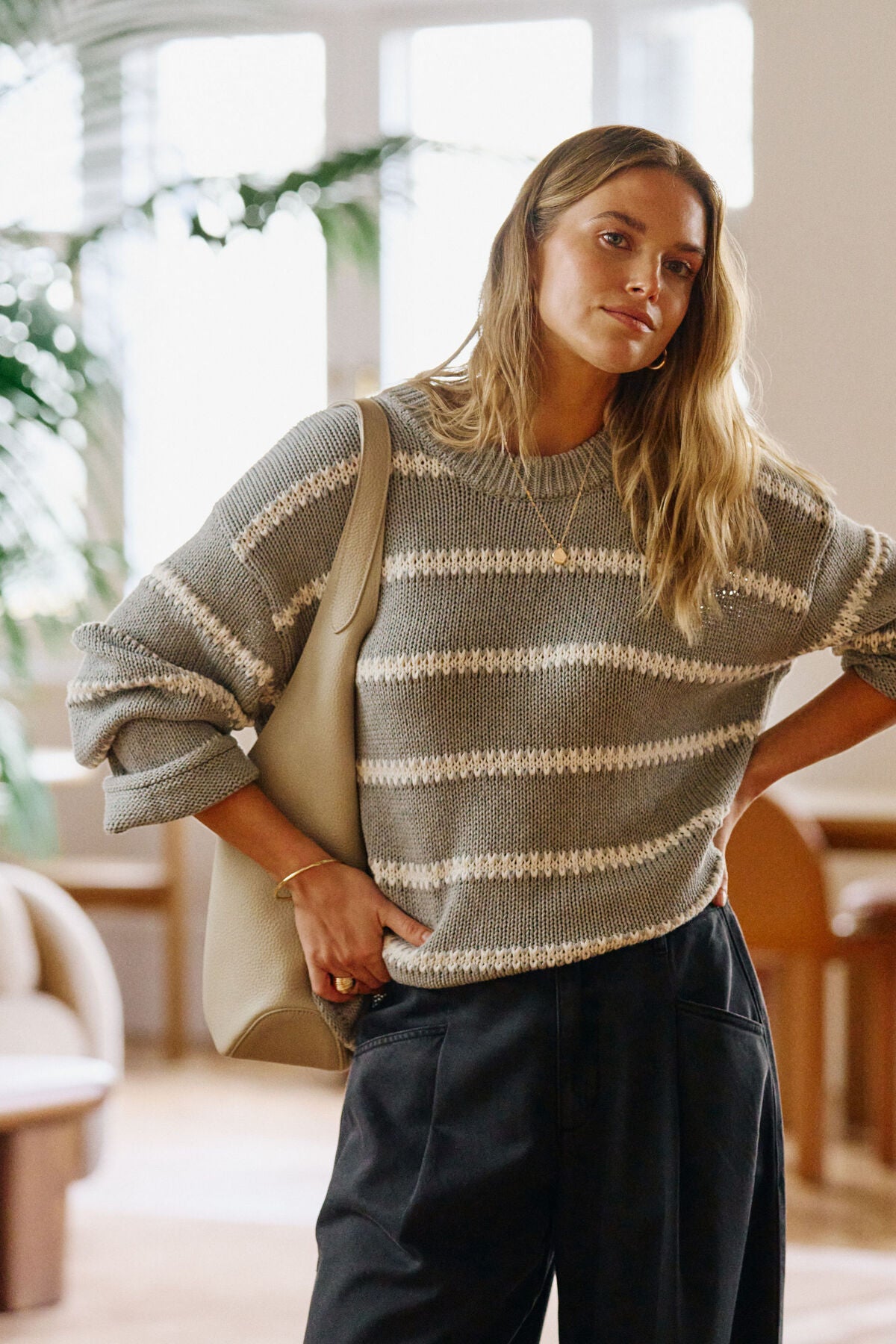 Ceres Lila Oversized Knit Crew - grey marle stripe