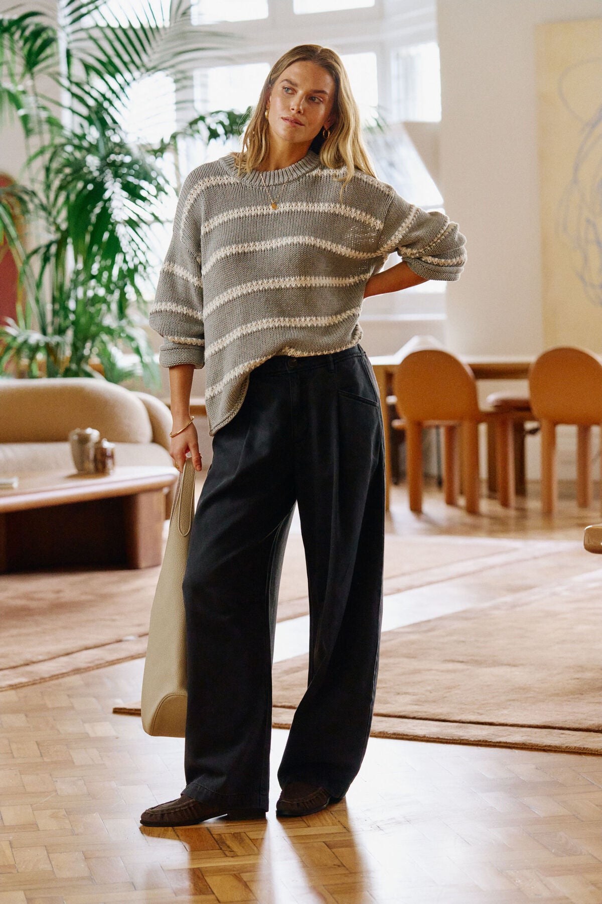 Ceres Lila Oversized Knit Crew - grey marle stripe
