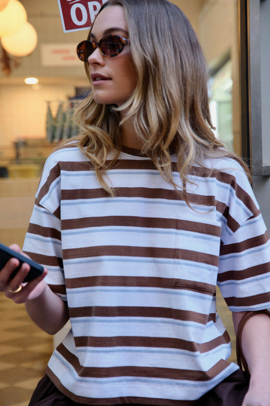 Ceres Boa Boxy Pocket Tee - white milk chocolate chalk stripe