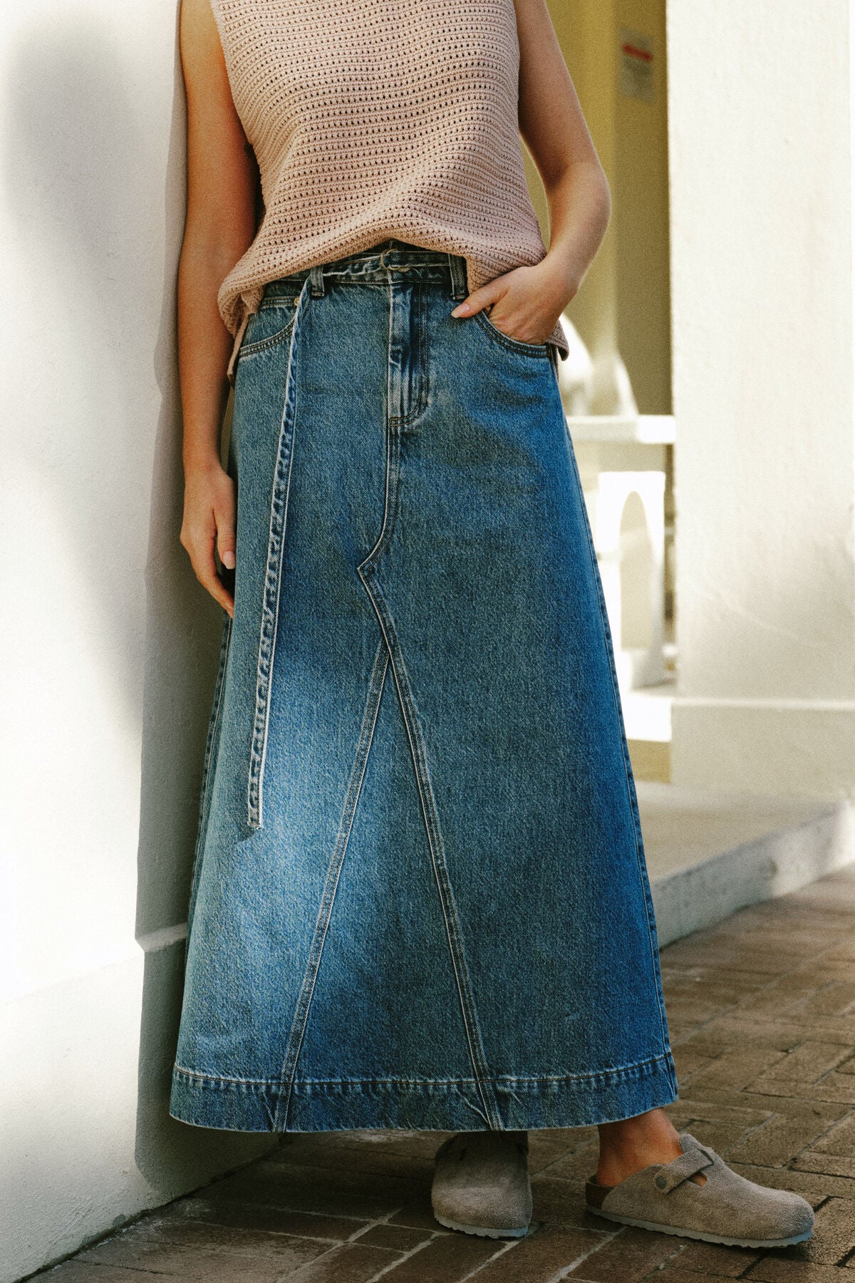 Ceres Life Tie Waisted Denim Maxi Skirt - fresh indigo