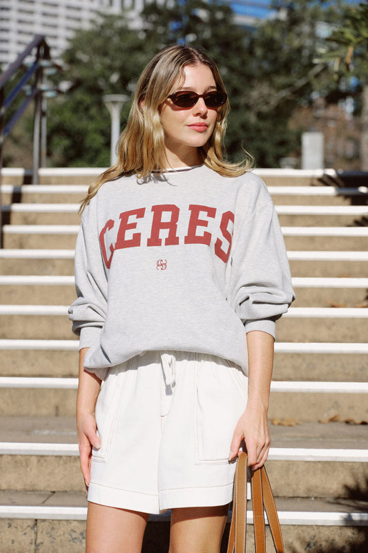 Ceres Life Oversized Slouchy Crew - grey marle heritage logo