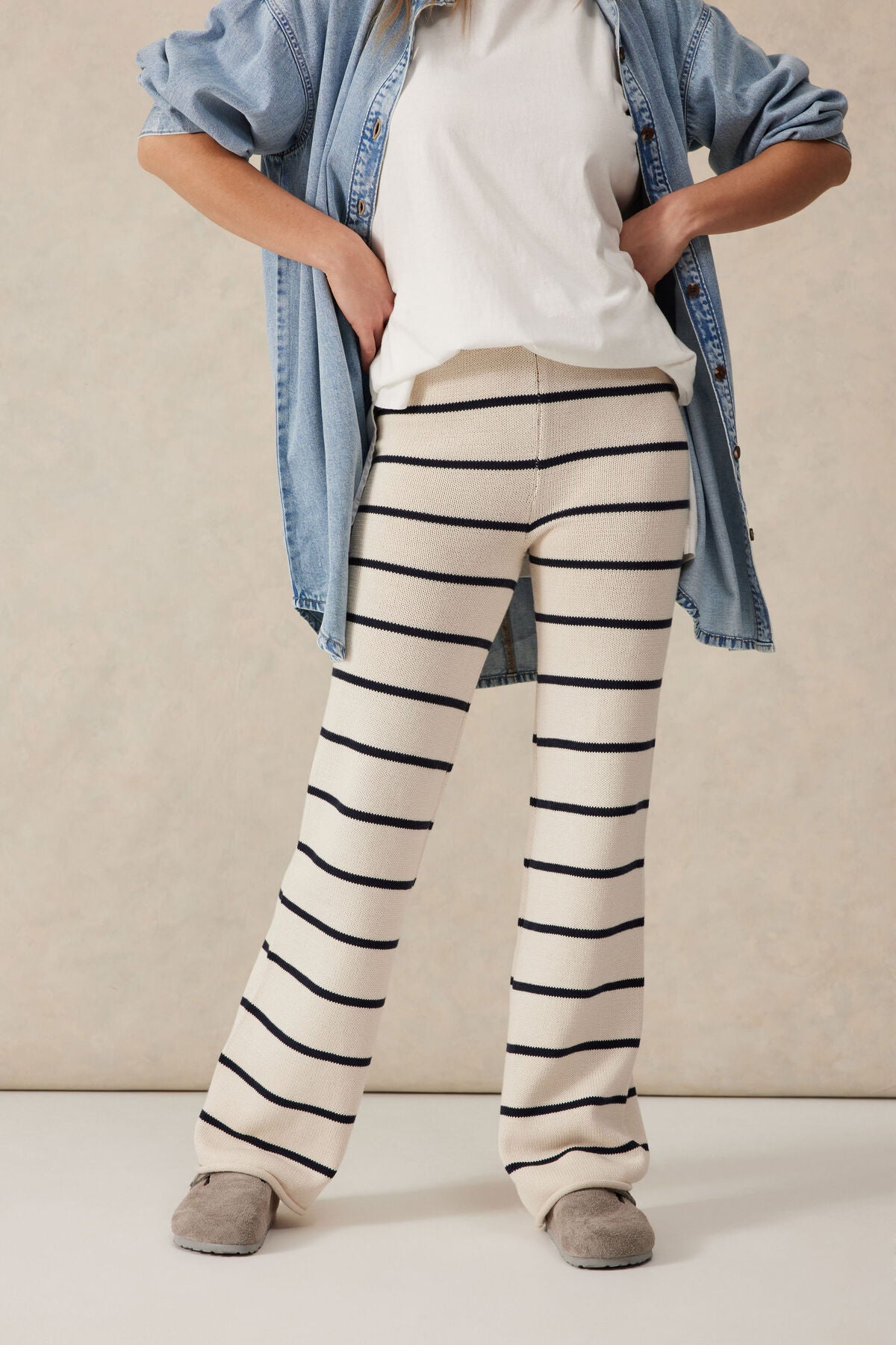 Ceres Life Bootleg Knit Pant - ecru/navy stripe