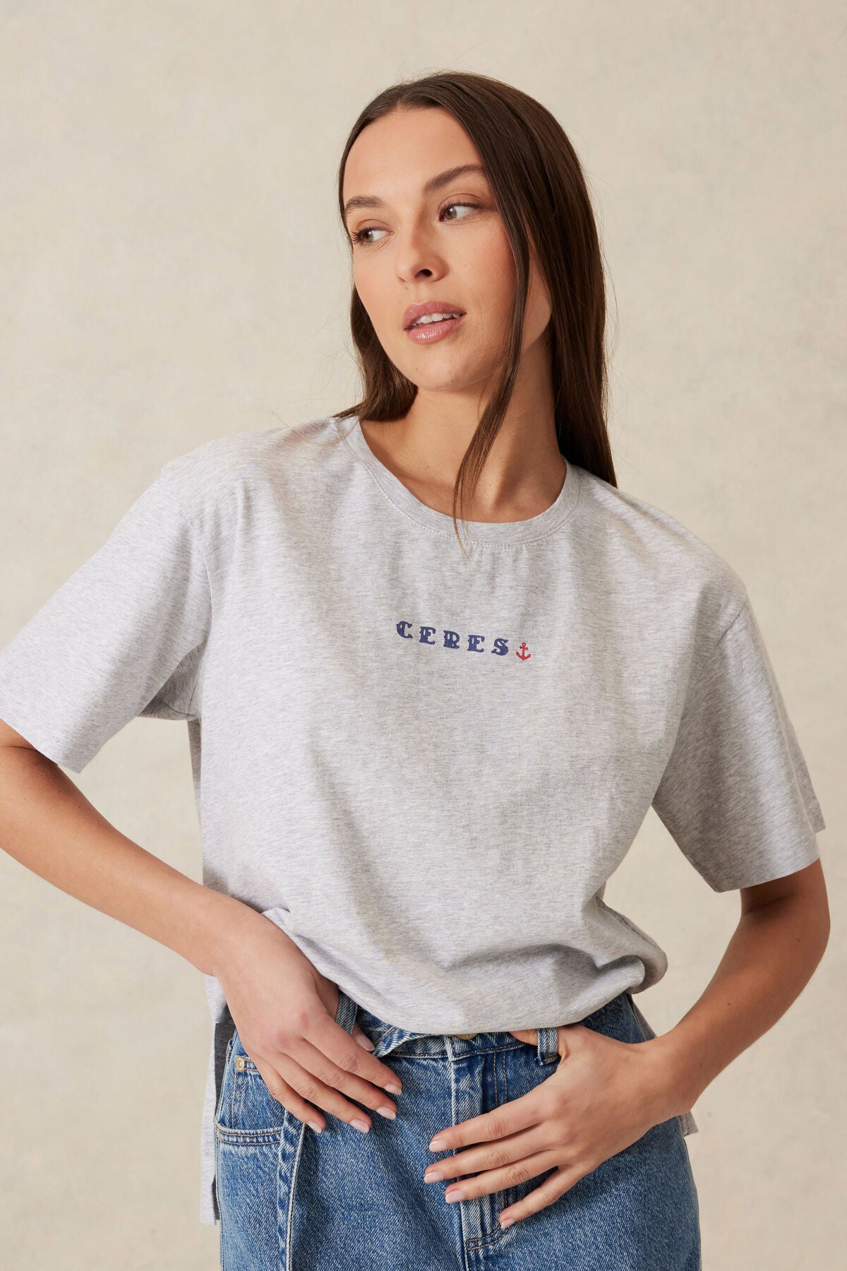 Ceres Life Slouchy Split Hem Tee - cloude marle/ceres anchor print