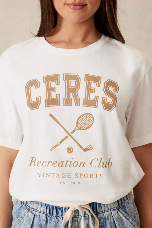 Ceres Life Slouchy Split Hem Tee - fresh ecru/dark caramel recreation club print