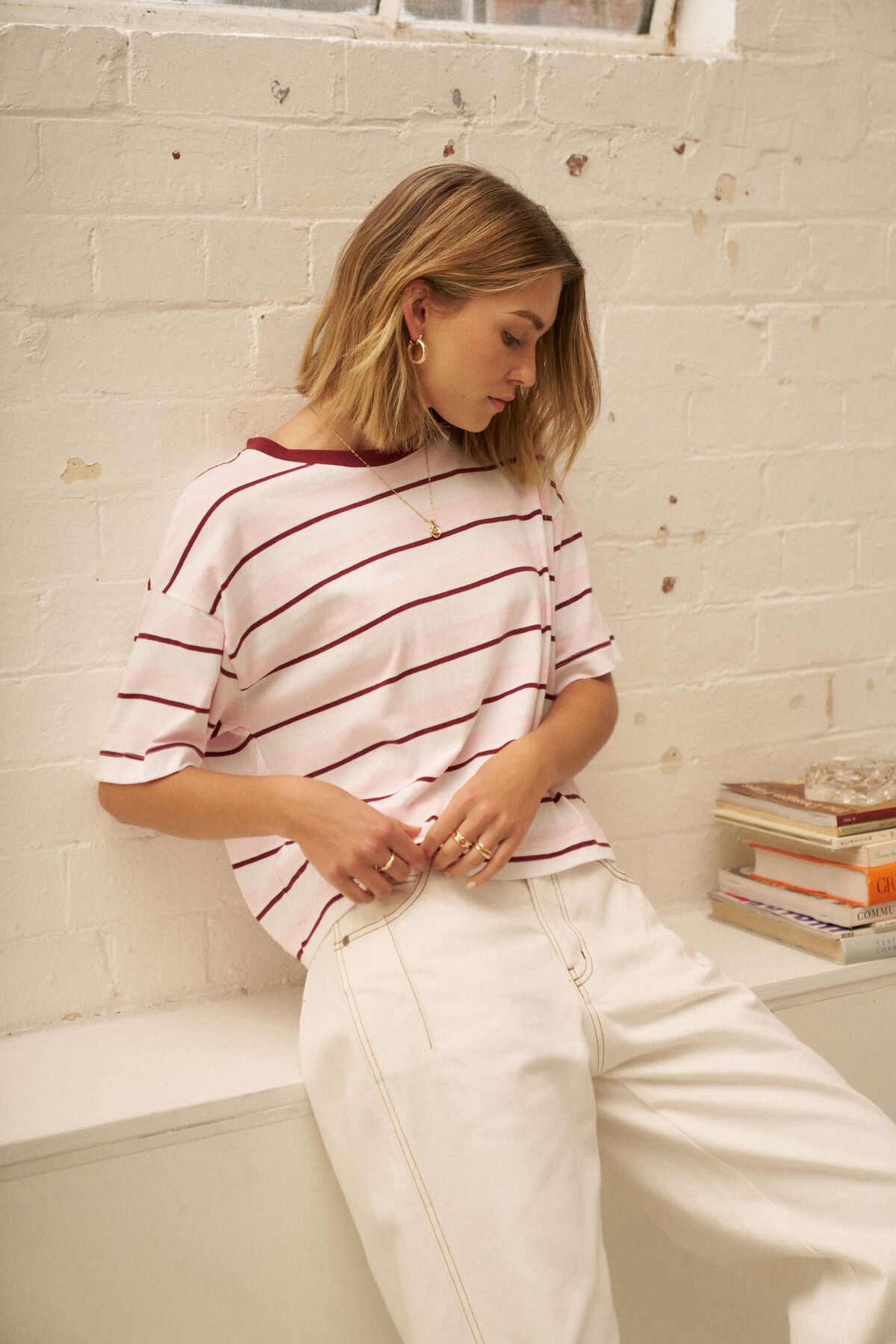 Ceres Brea Boxy Tee - sun faded pink/mulberry stripe