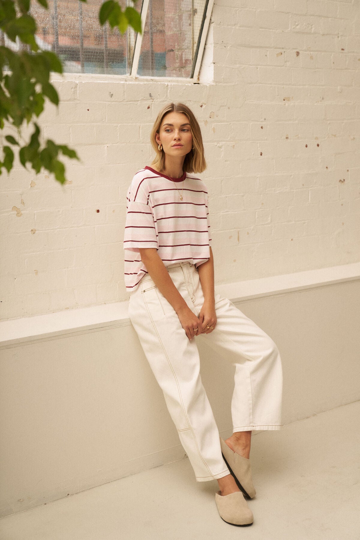 Ceres Brea Boxy Tee - sun faded pink/mulberry stripe