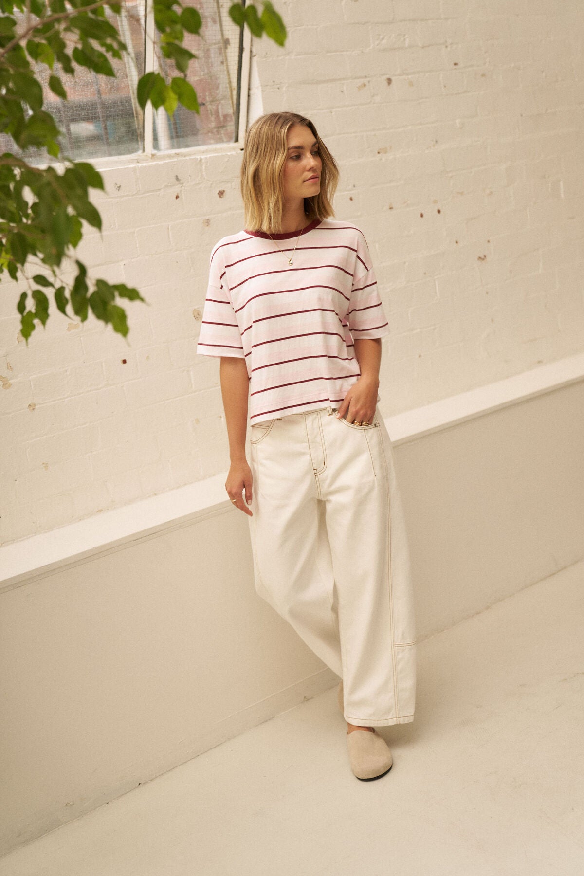 Ceres Brea Boxy Tee - sun faded pink/mulberry stripe
