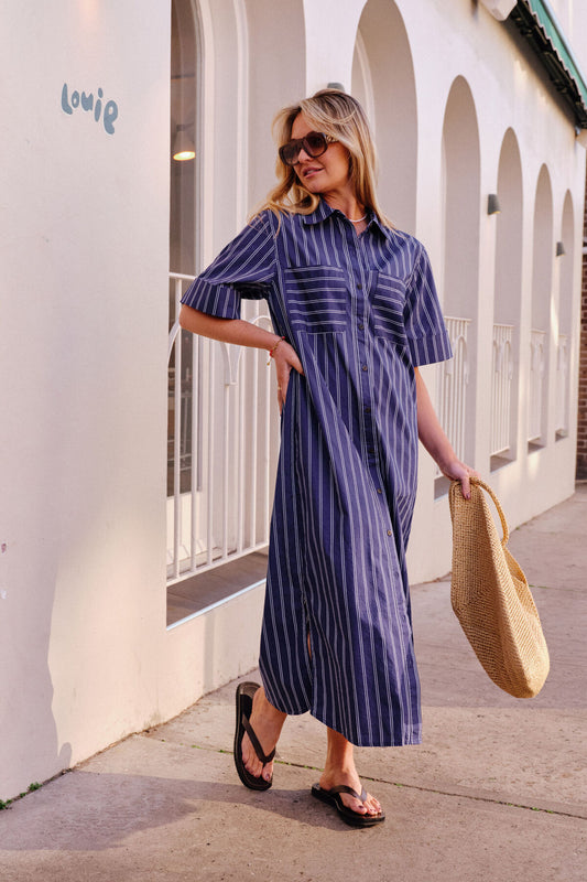 Ceres Samara Midi Shirt Dress - prussian blue stripe