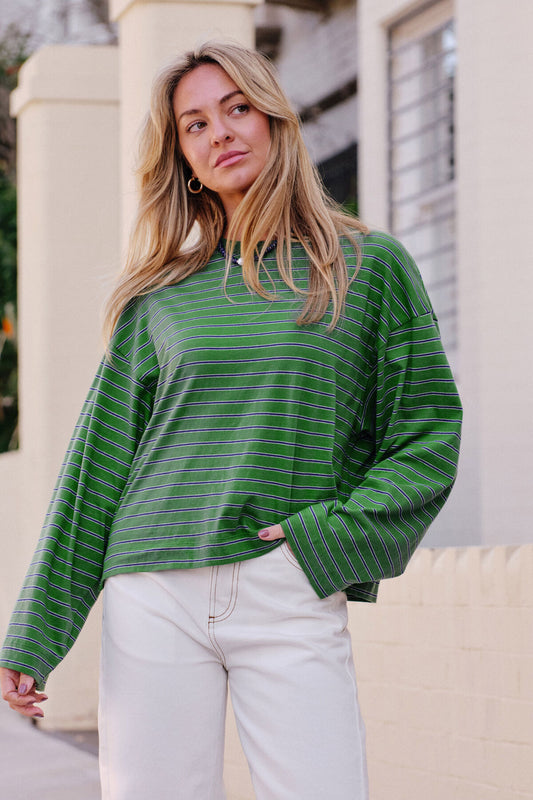 Ceres Beau Long  Sleeve Slouchy Tee - basil/prussian blue stripe