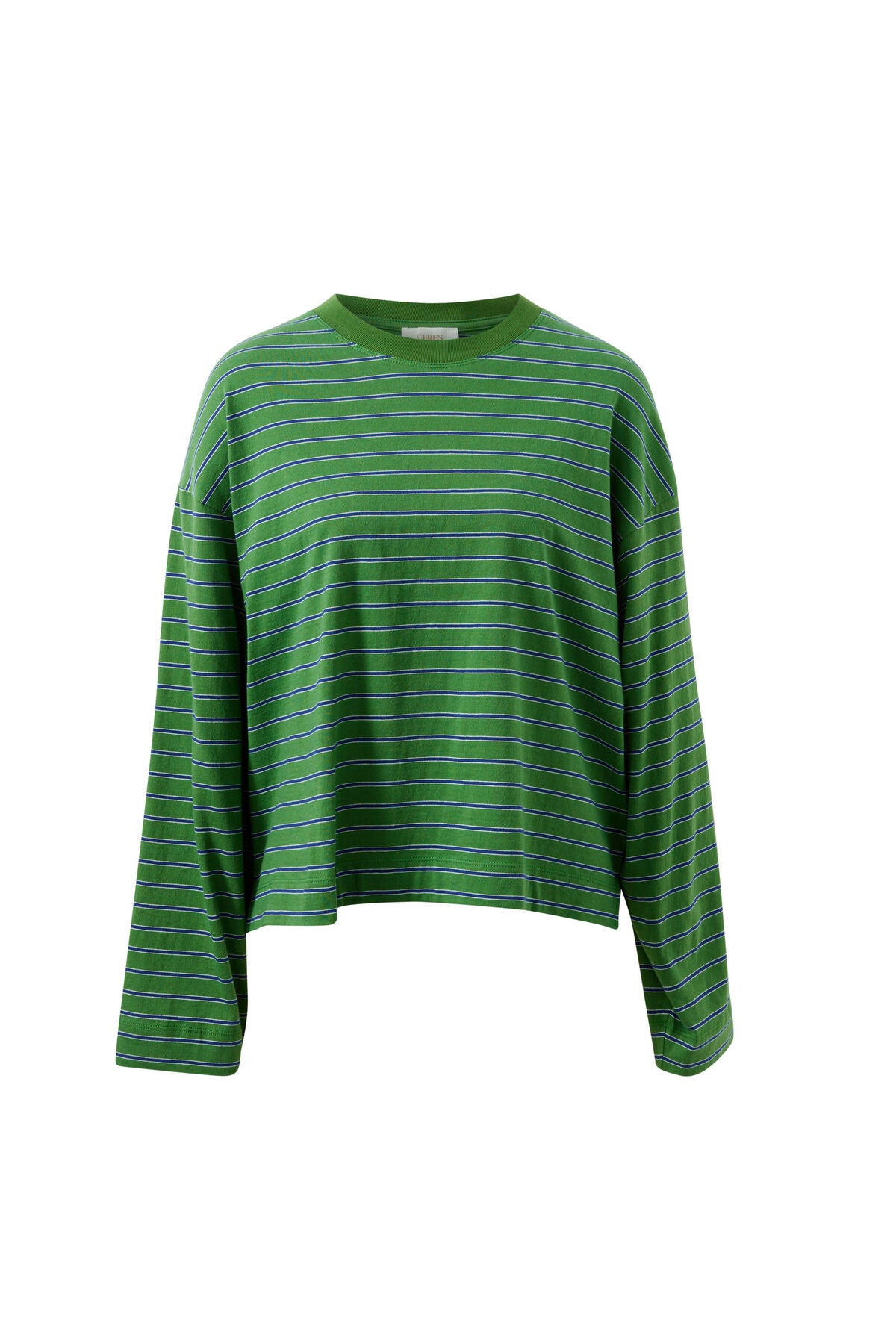 Ceres Beau Long  Sleeve Slouchy Tee - basil/prussian blue stripe