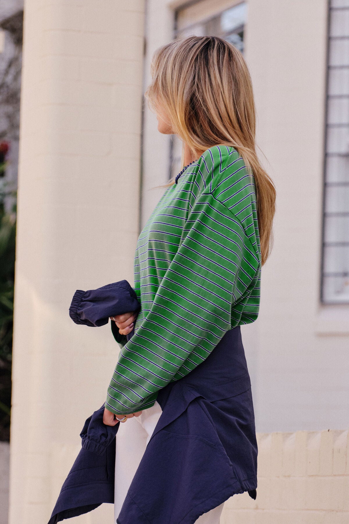 Ceres Beau Long  Sleeve Slouchy Tee - basil/prussian blue stripe