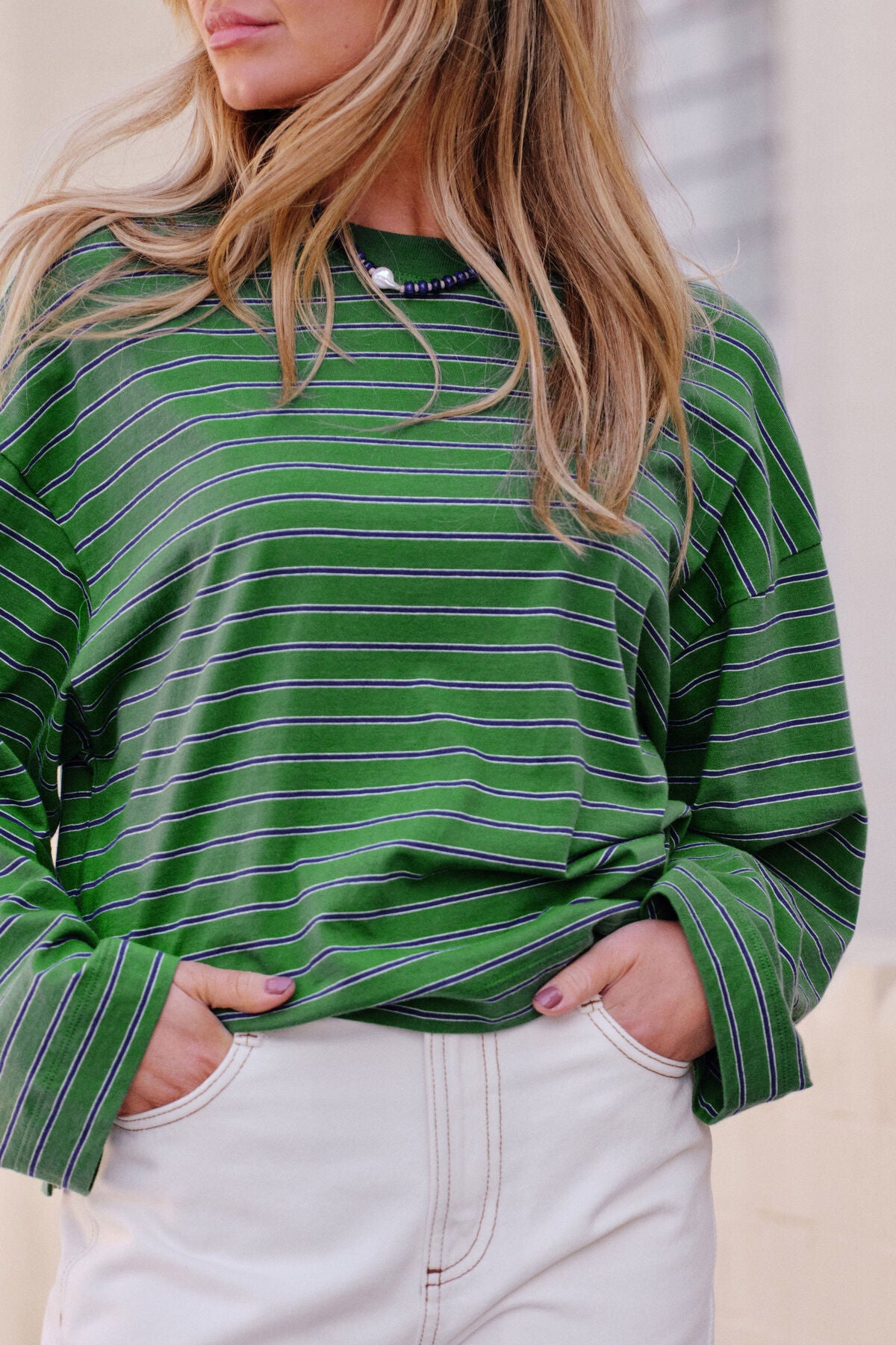 Ceres Beau Long  Sleeve Slouchy Tee - basil/prussian blue stripe