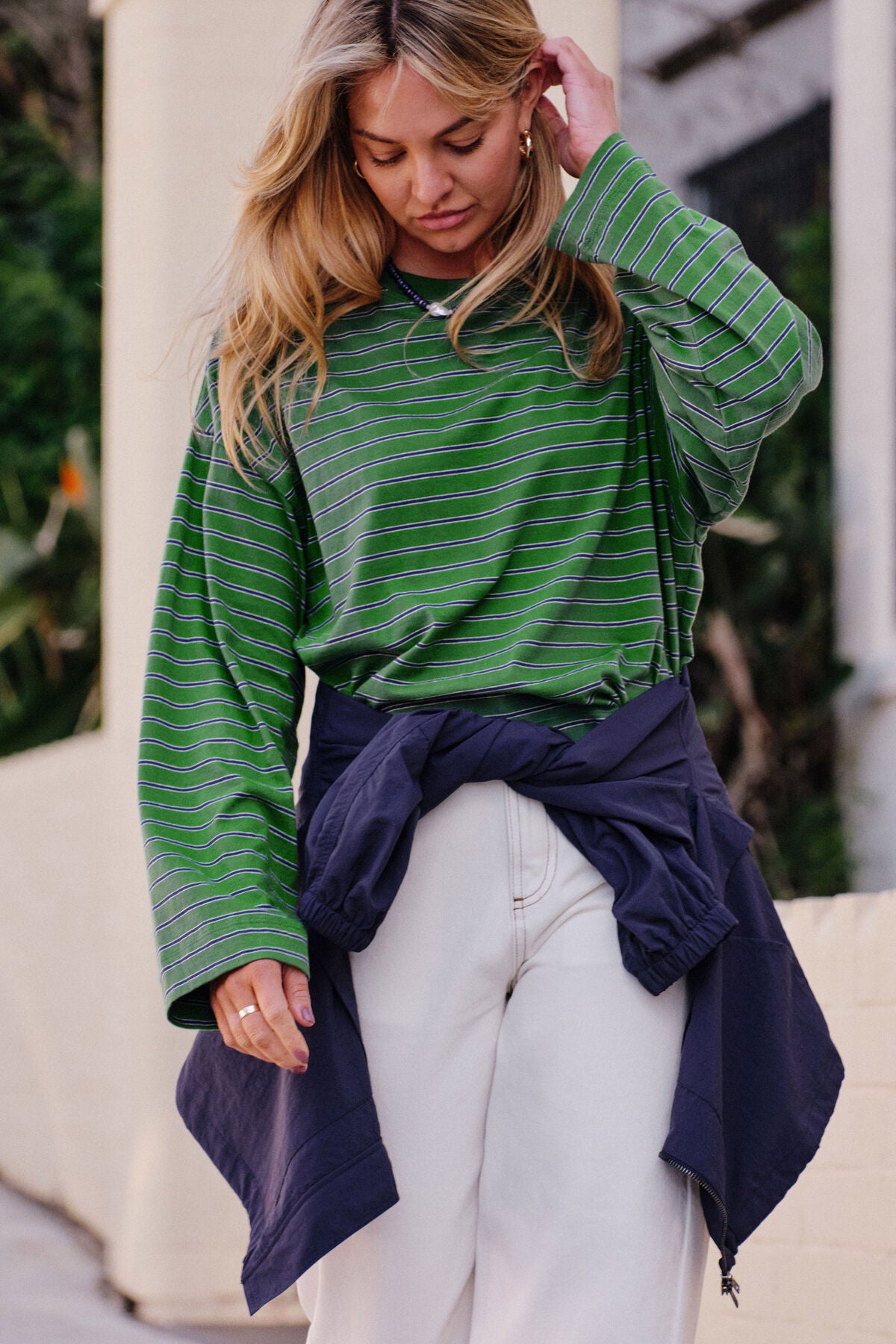 Ceres Beau Long  Sleeve Slouchy Tee - basil/prussian blue stripe