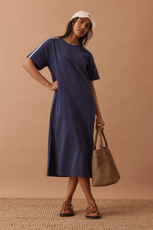 Ceres Charlotte Midi Terry Dress - new navy side stripe