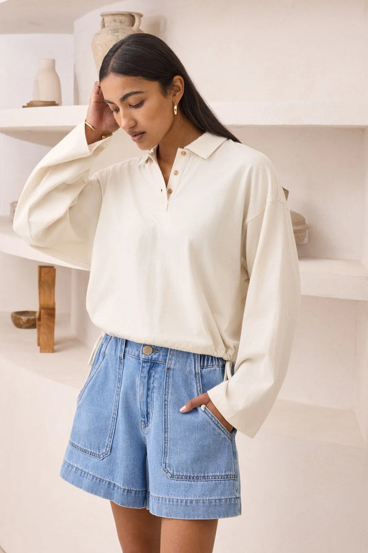 Ceres Elle Collared Tie Top - buff