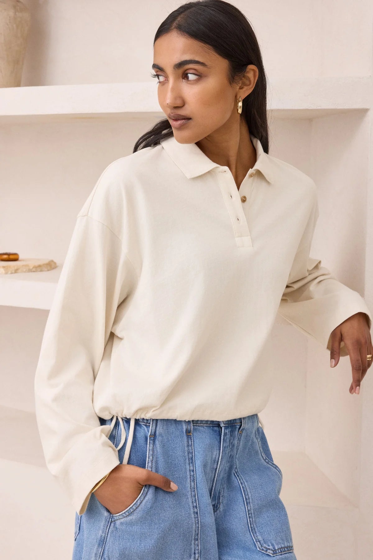 Ceres Elle Collared Tie Top - buff