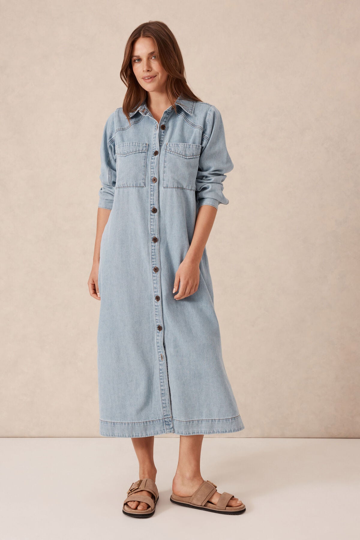 Ceres Life Long Sleeve Yoke Detail Midi Dress - mid blue wash