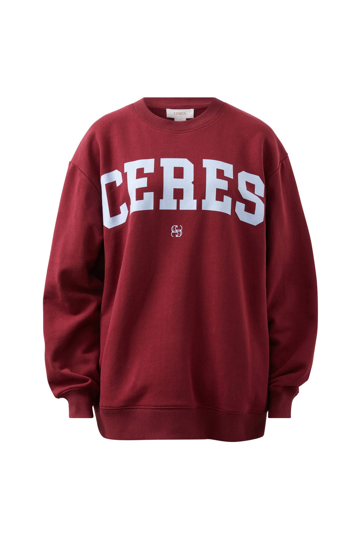 Ceres Isla Oversized Slouchy Crew - burgundy blue heritage logo