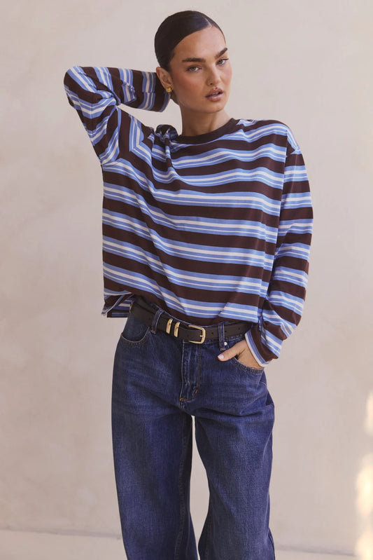 Kyra Longsleeve Stripe Tee - blue/white/chocolate