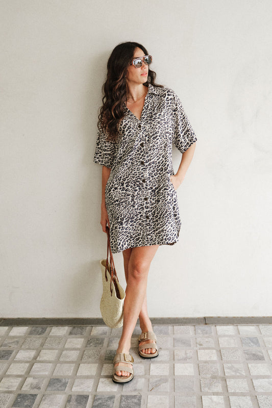 Ceres Life Boxy Shirt Dress - leopard linen blend