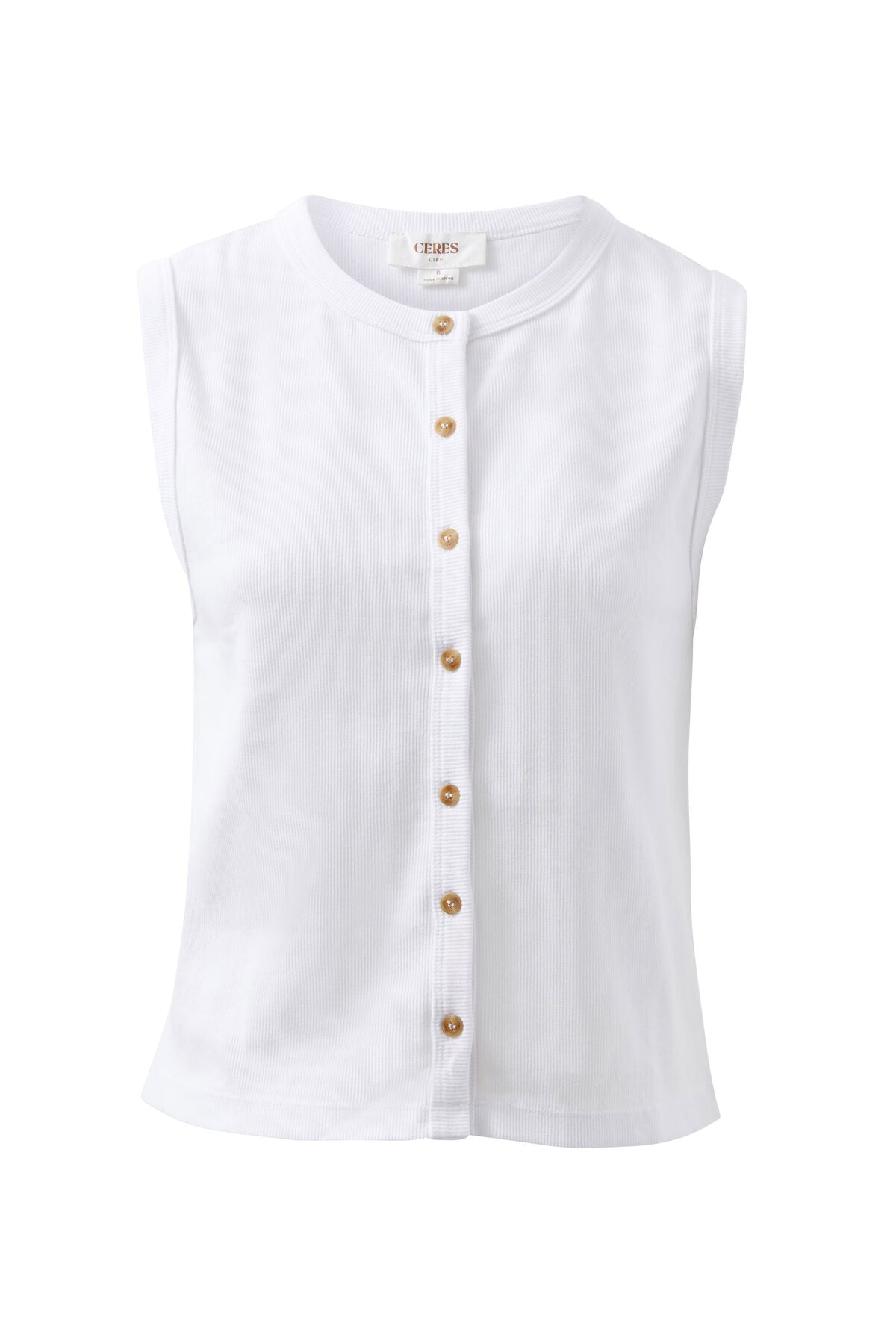 Ceres Lyla Button Through Rib Tank - white