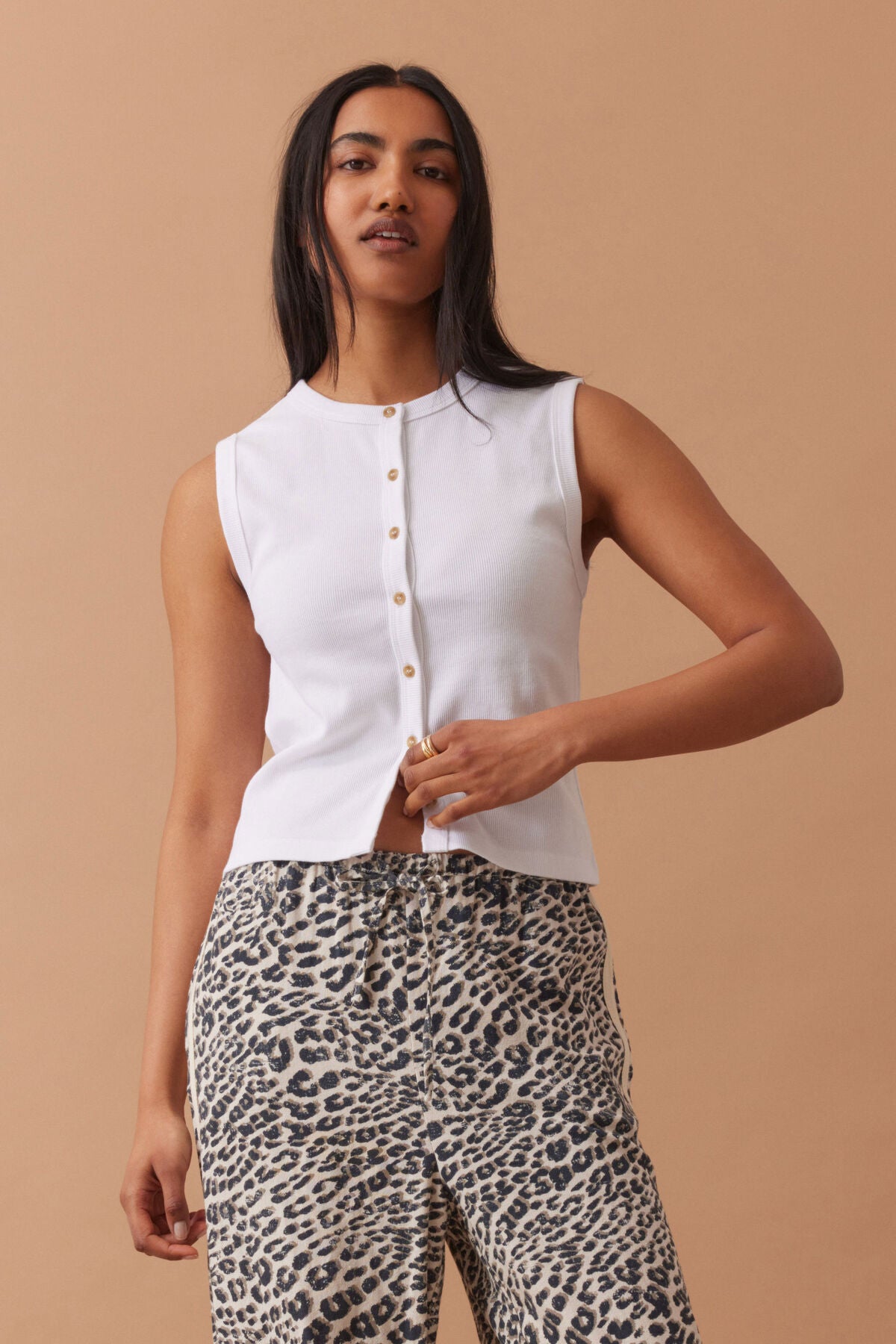 Ceres Lyla Button Through Rib Tank - white