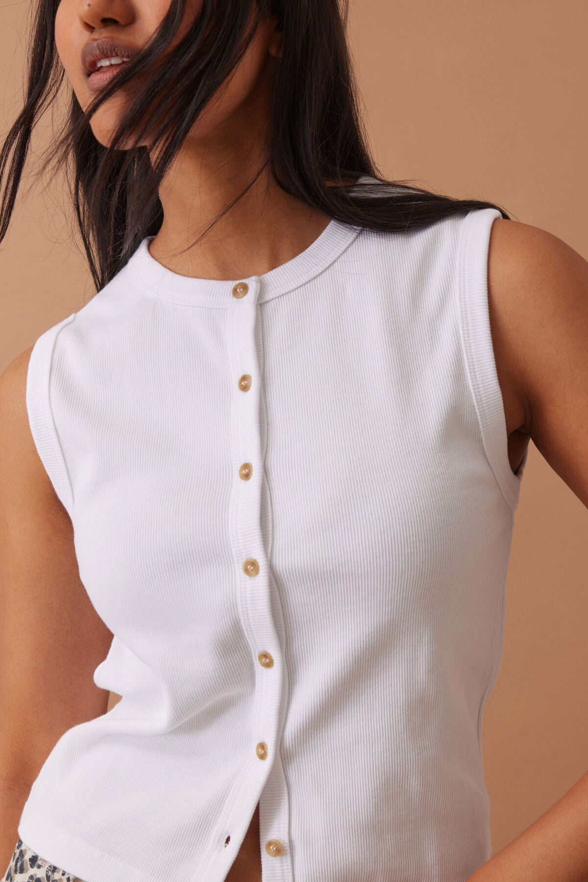 Ceres Lyla Button Through Rib Tank - white