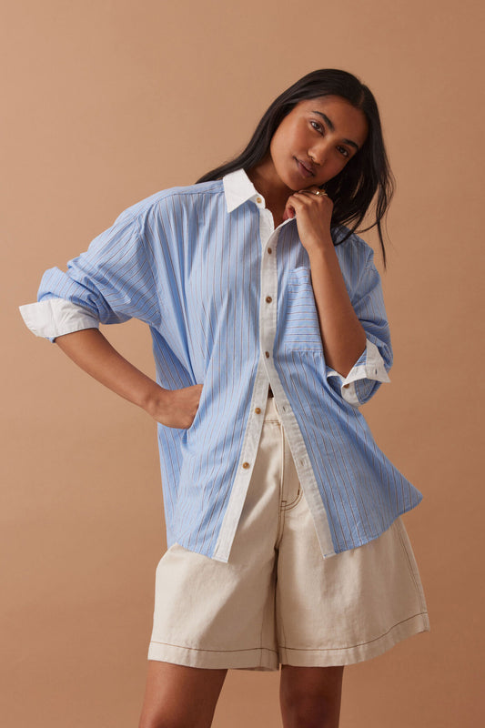 Ceres Peta Oversized Shirt - powder blue triple stripe