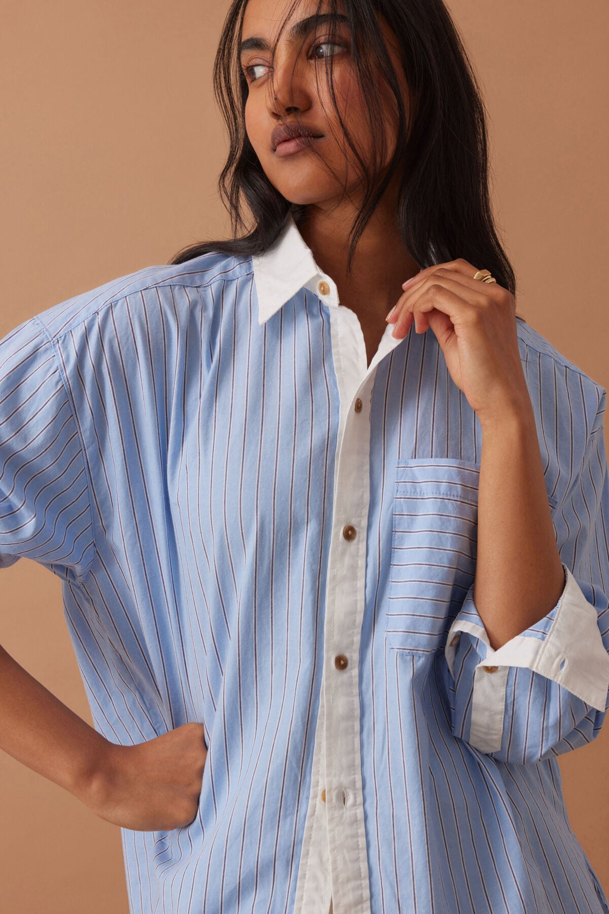 Ceres Peta Oversized Shirt - powder blue triple stripe
