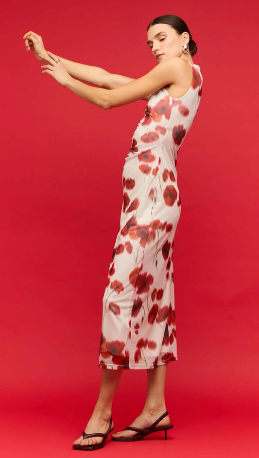 Staple the Label Lumi Mesh Midi Dress - red & white poppy print