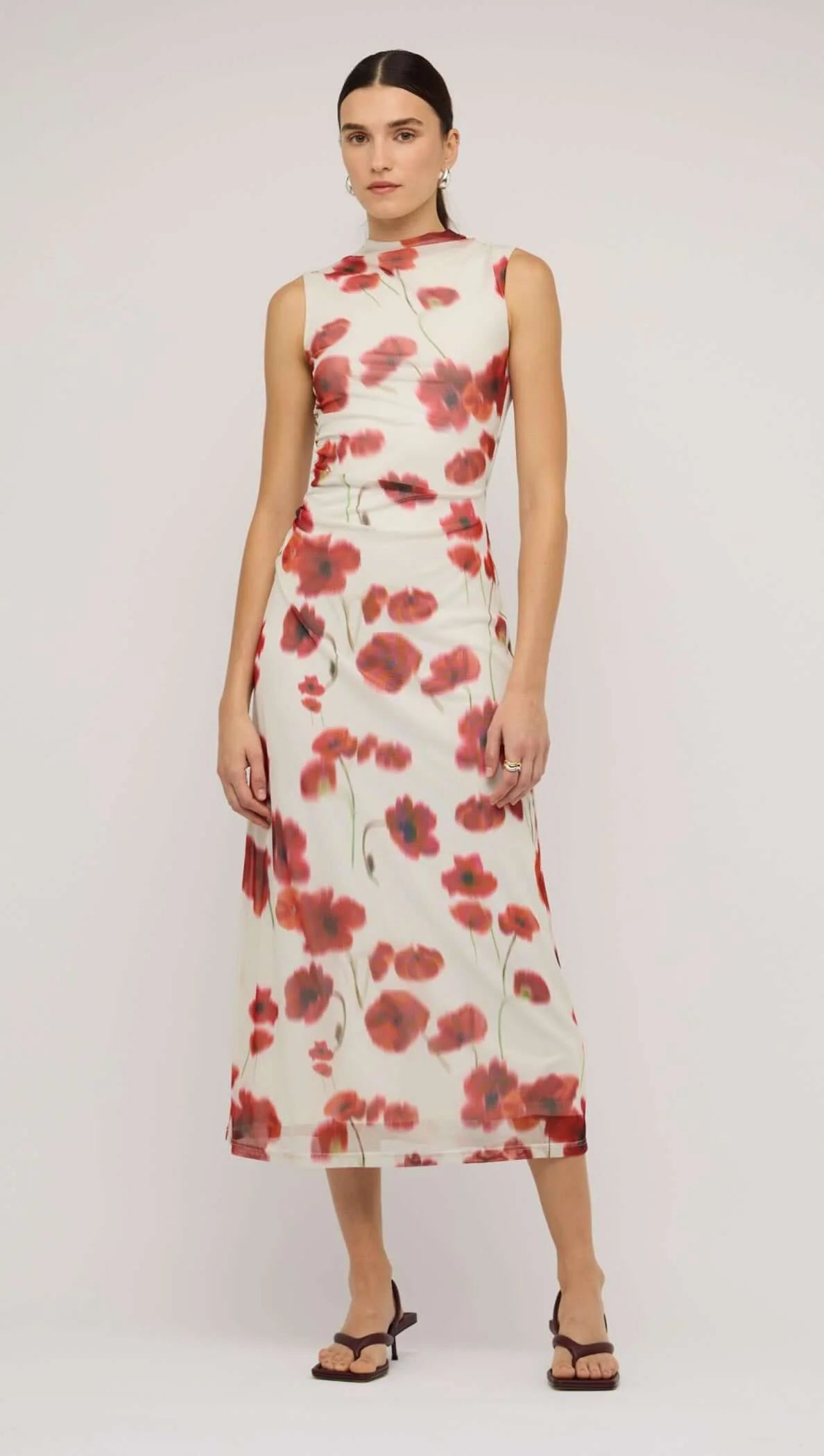 Staple the Label Lumi Mesh Midi Dress - red & white poppy print