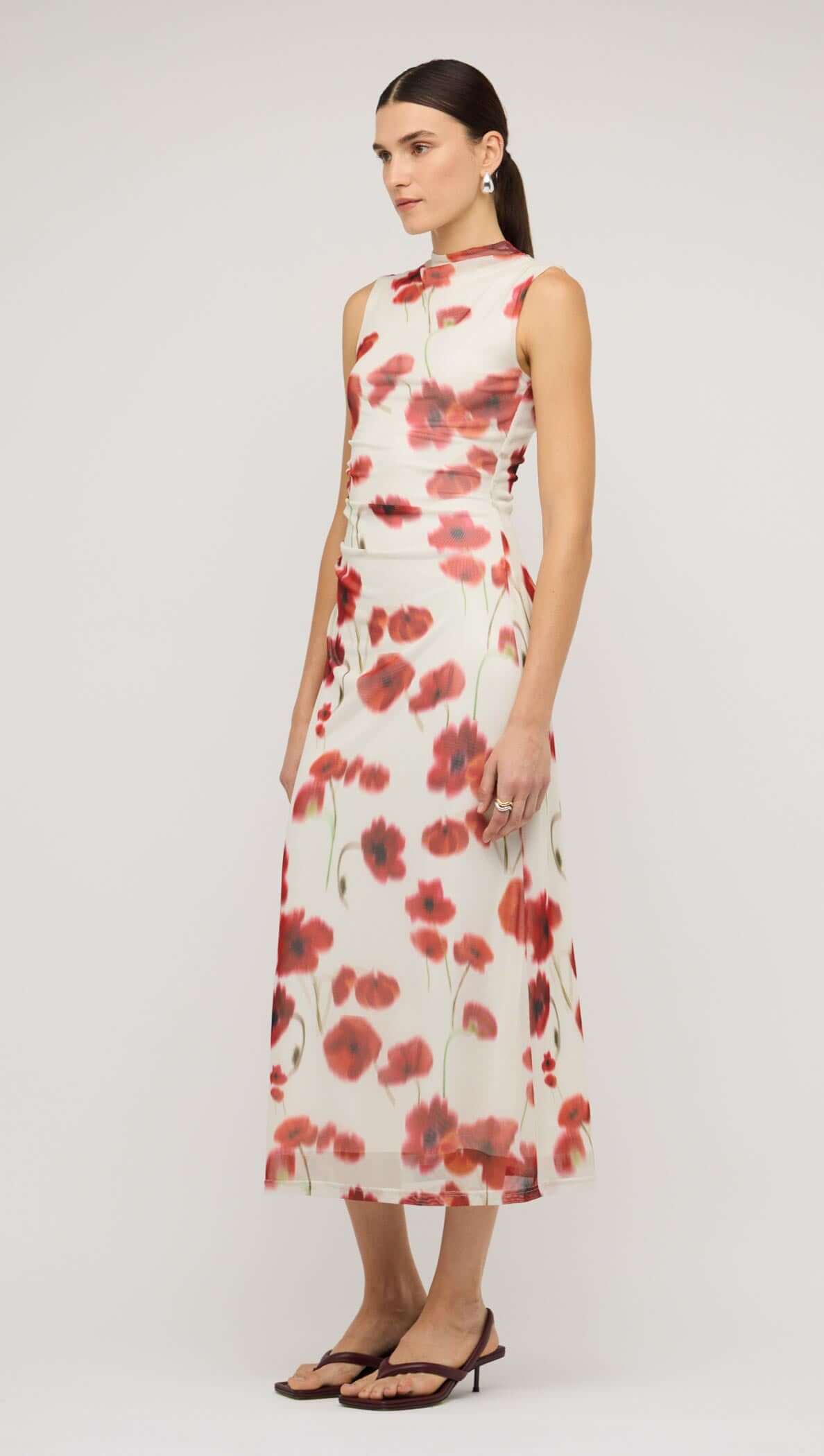 Staple the Label Lumi Mesh Midi Dress - red & white poppy print