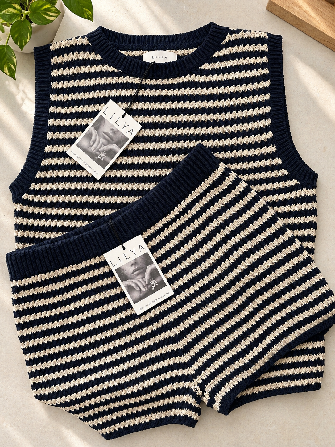 LILYA Lena Stripe Knit Top - navy and sand