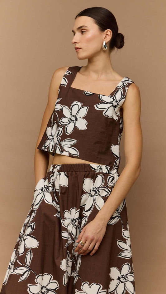 Staple the Label Elara Top - brown & white cotton floral