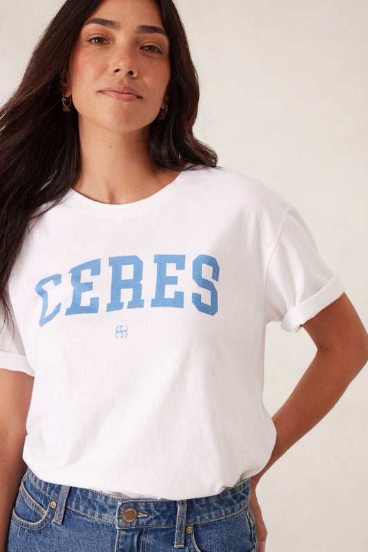 Ceres Life Slouchy Split Hem Tee- white/ceres varsity pool blue