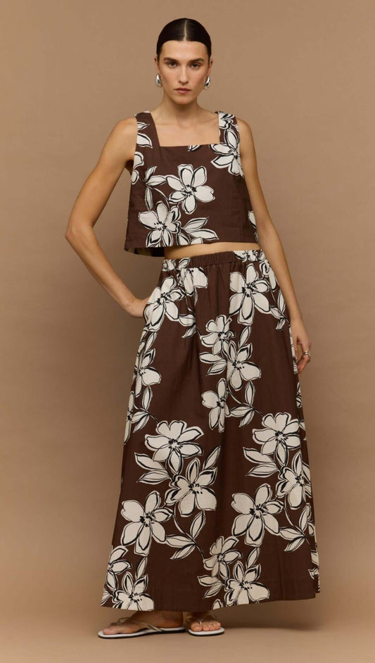 Staple the Label Elara Maxi Skirt - brown & white cotton floral