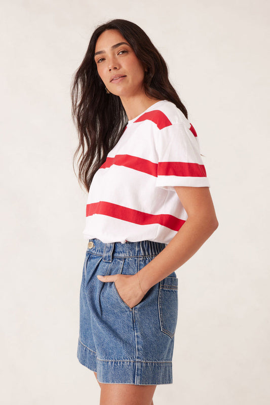 Ceres Life Slouchy Split Hem Tee - white/heritage red bold stripe