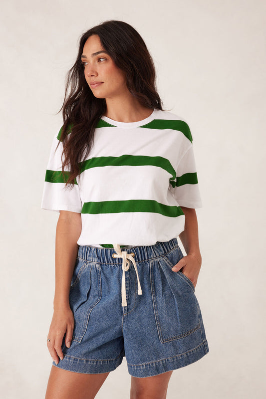 Ceres Life Slouchy Split Hem Tee- white/green bold stripe