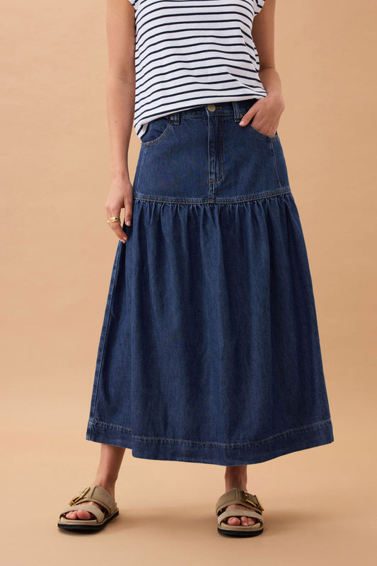 Ceres Drop Waist Denim Midi Skirt - caspian blue