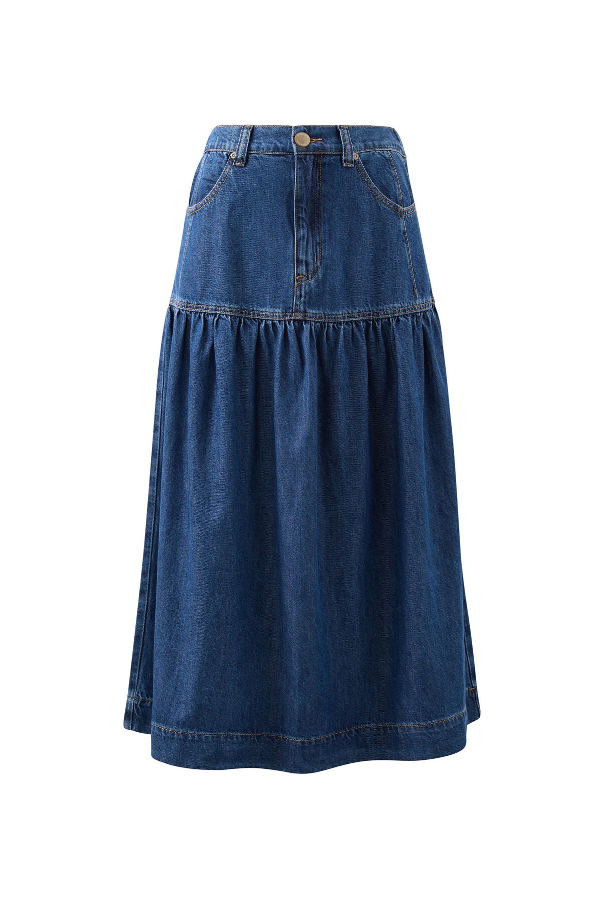 Ceres Drop Waist Denim Midi Skirt - caspian blue