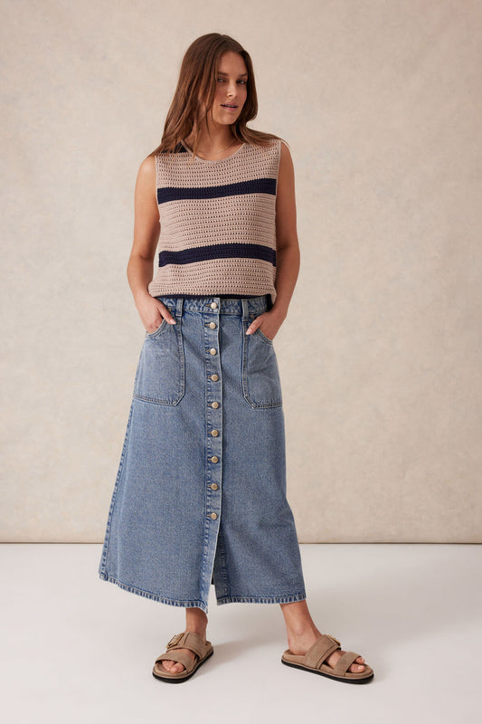 Ceres Life Button Through Denim Midi Skirt - mid vintage blue