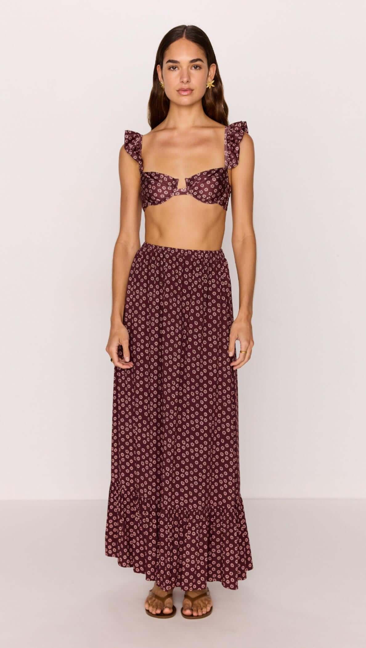 MiNKPINK Sierra Ruffle Hem Maxi Skirt - burgundy floral