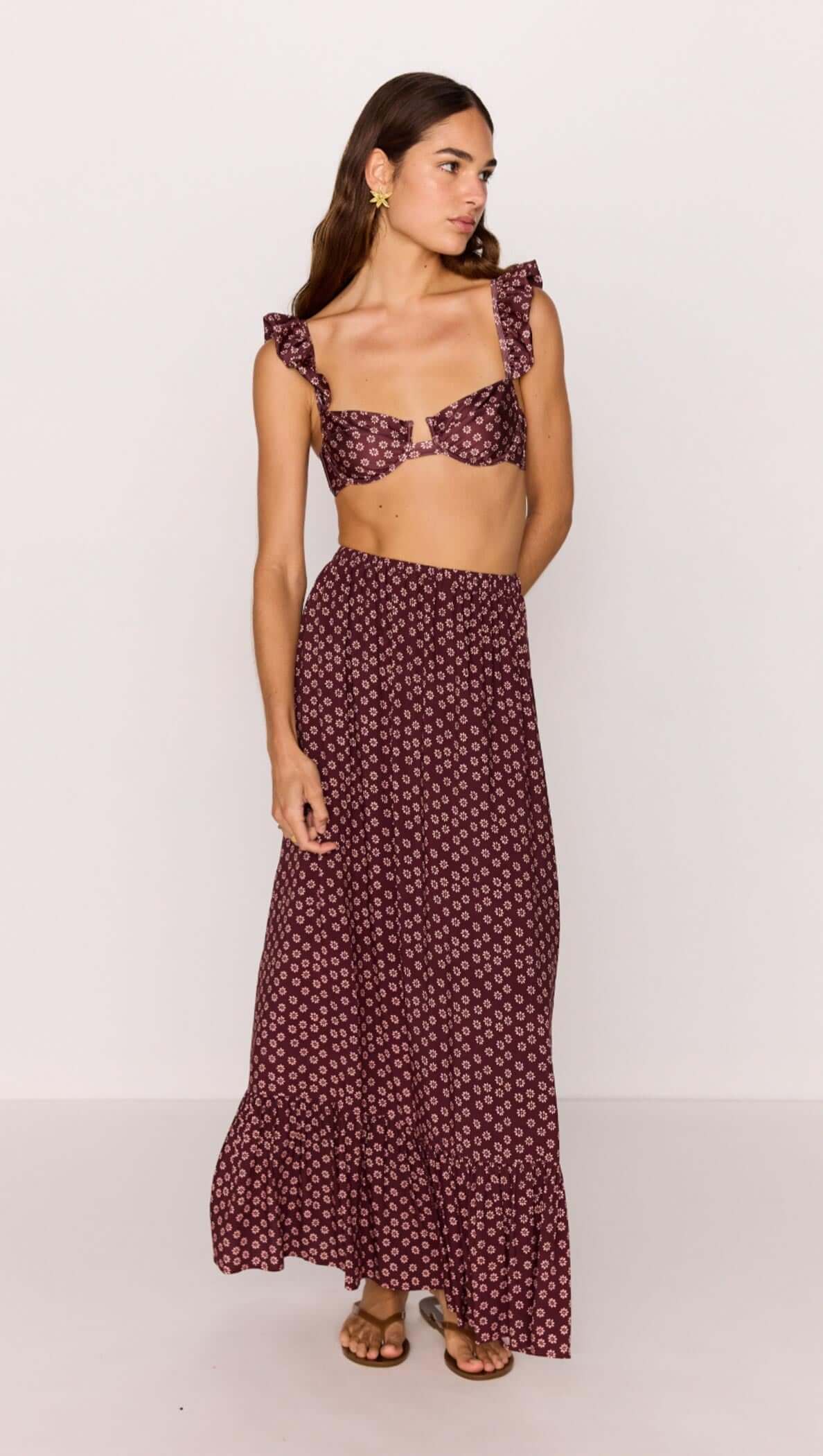MiNKPINK Sierra Ruffle Hem Maxi Skirt - burgundy floral