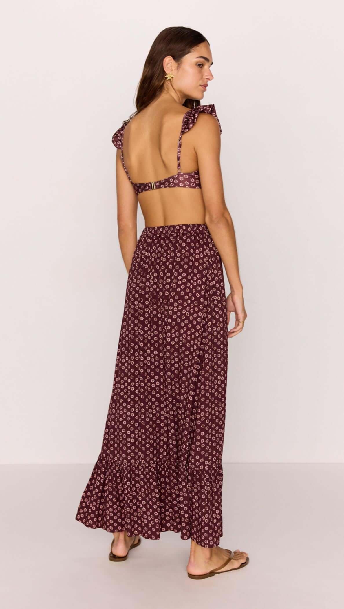 MiNKPINK Sierra Ruffle Hem Maxi Skirt - burgundy floral