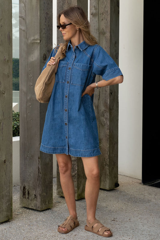 Ceres Ava Shirt Sleeve Mini Dress - vintage blue