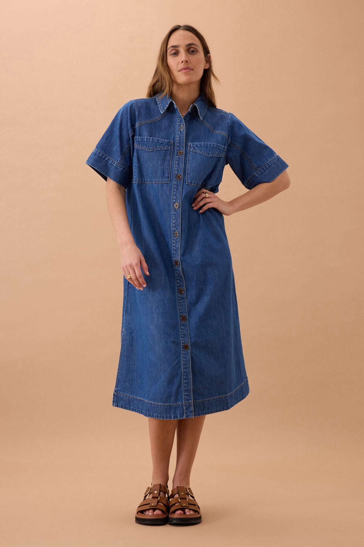 Ceres Ava Short Sleeve Midi Dress - vintage blue